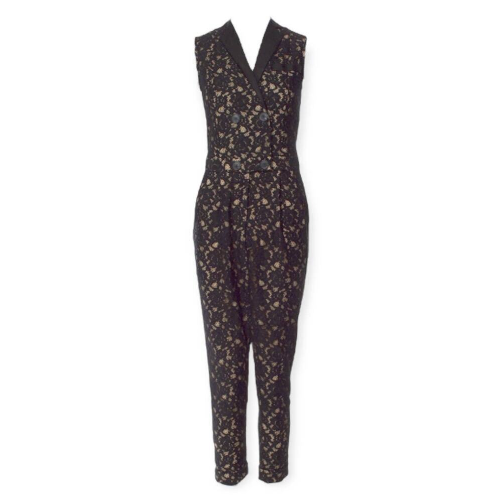 Sea New York Women Lace Sleeveless V-Neck Jumpsuit Black Cream Size Small